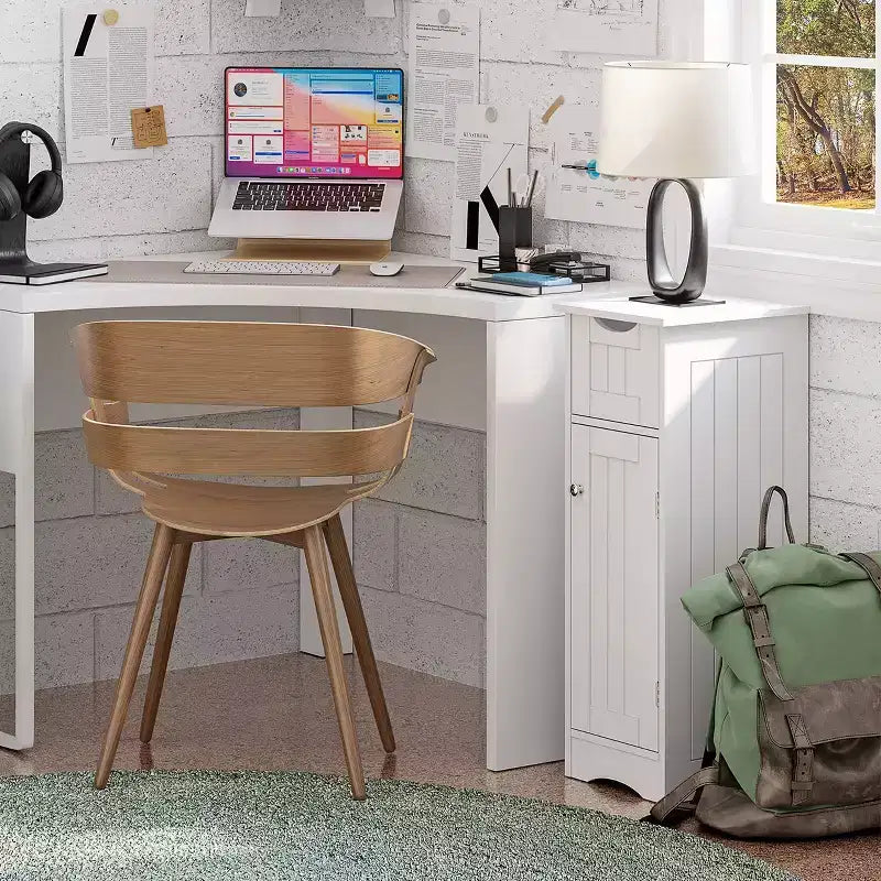 Armoire de rangement étroite pour salle de bain et buanderie à une porte avec tiroir et étagères réglables, blanche