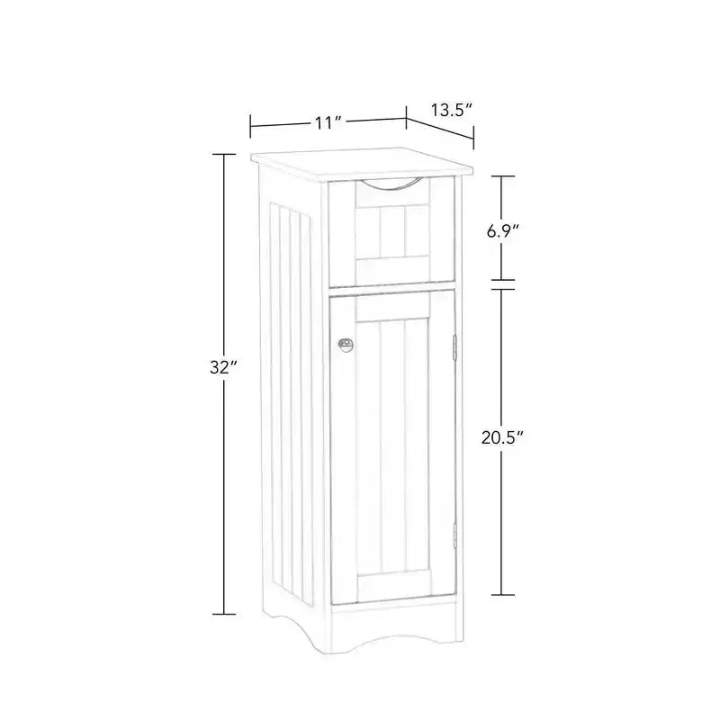 Armoire de rangement étroite pour salle de bain et buanderie à une porte avec tiroir et étagères réglables, blanche