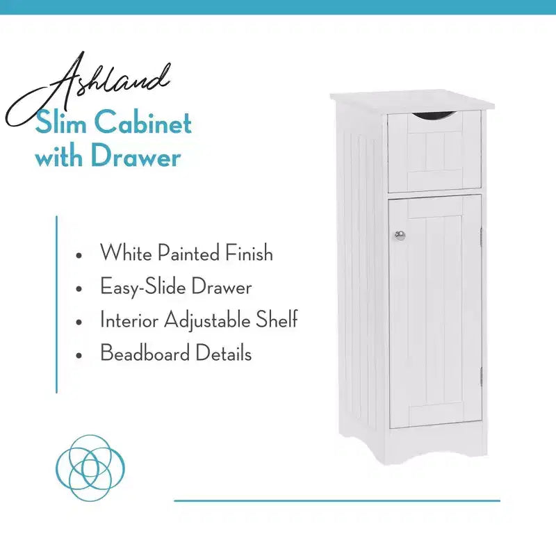 Armoire de rangement étroite pour salle de bain et buanderie à une porte avec tiroir et étagères réglables, blanche