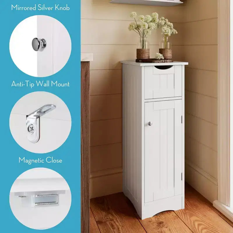 Armoire de rangement étroite pour salle de bain et buanderie à une porte avec tiroir et étagères réglables, blanche
