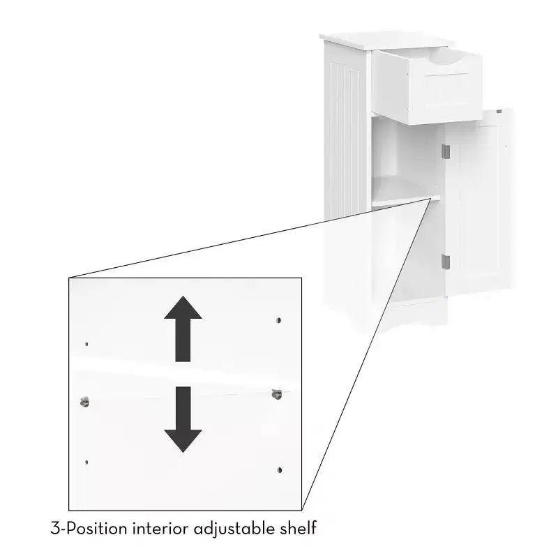 Armoire de rangement étroite pour salle de bain et buanderie à une porte avec tiroir et étagères réglables, blanche