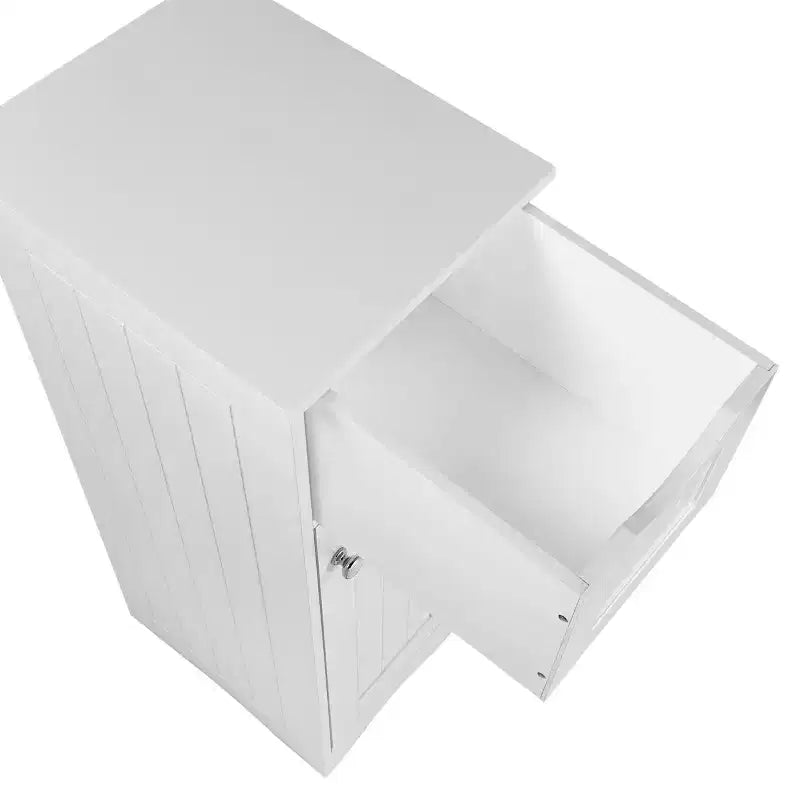 Armoire de rangement étroite pour salle de bain et buanderie à une porte avec tiroir et étagères réglables, blanche