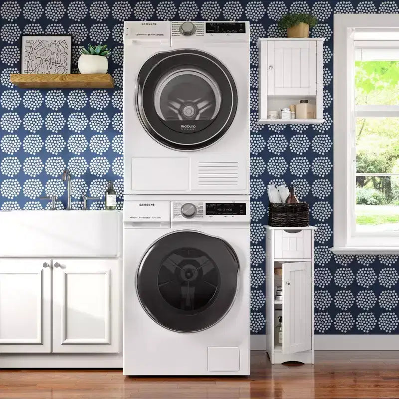 Armoire de rangement étroite pour salle de bain et buanderie à une porte avec tiroir et étagères réglables, blanche