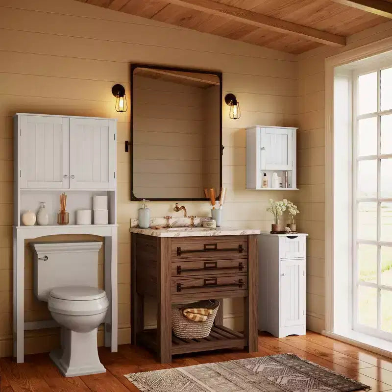 Armoire de rangement étroite pour salle de bain et buanderie à une porte avec tiroir et étagères réglables, blanche