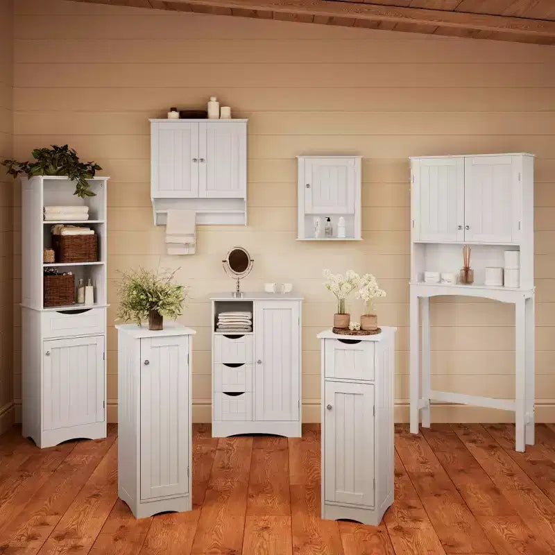 Armoire de rangement étroite pour salle de bain et buanderie à une porte avec tiroir et étagères réglables, blanche
