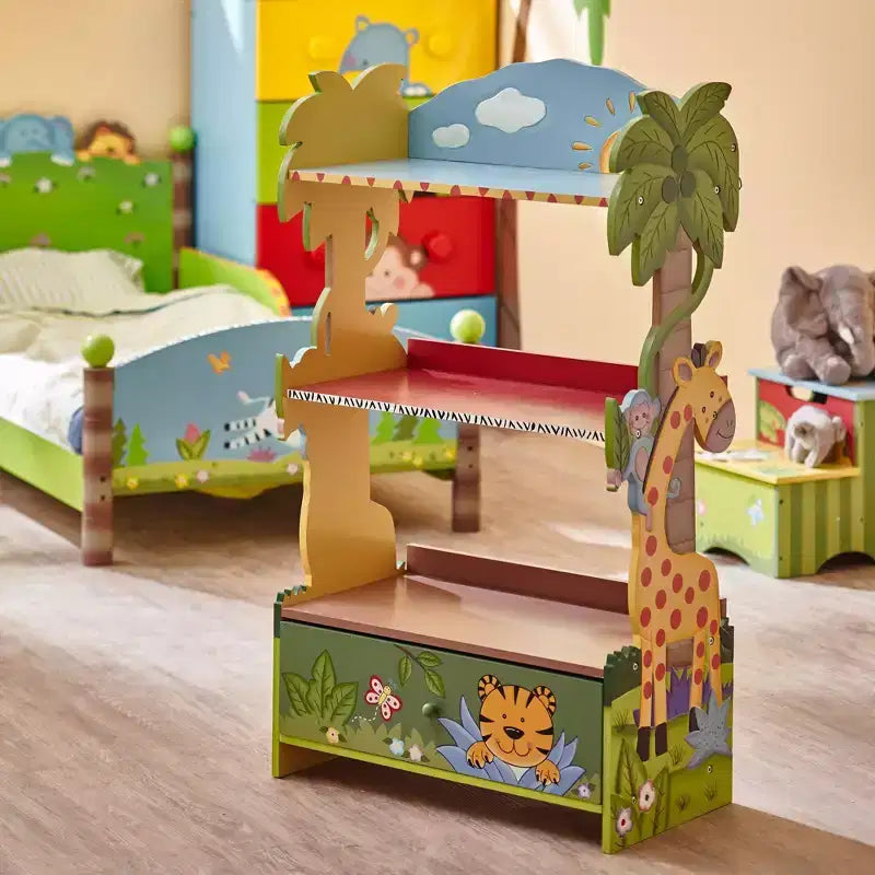 Étagère à livres pour enfants Sunny Safari Jungle, 3 niveaux avec tiroir inférieur