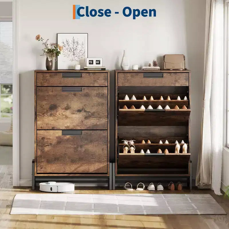 Organisateur de rangement à chaussures avec 2 tiroirs à abattant et 1 tiroir, meuble à chaussures étroit autoportant