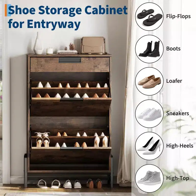 Organisateur de rangement à chaussures avec 2 tiroirs à abattant et 1 tiroir, meuble à chaussures étroit autoportant