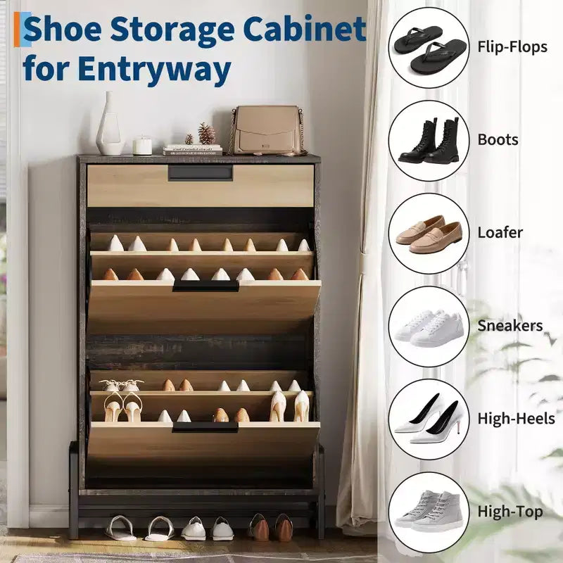 Organisateur de rangement à chaussures avec 2 tiroirs à abattant et 1 tiroir, meuble à chaussures étroit autoportant