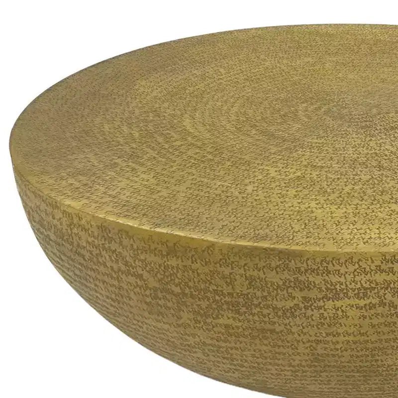 Table Basse Ronde de 91 cm, Base Bol avec Texture Gravée à la Main, Aluminium Laiton Antique
