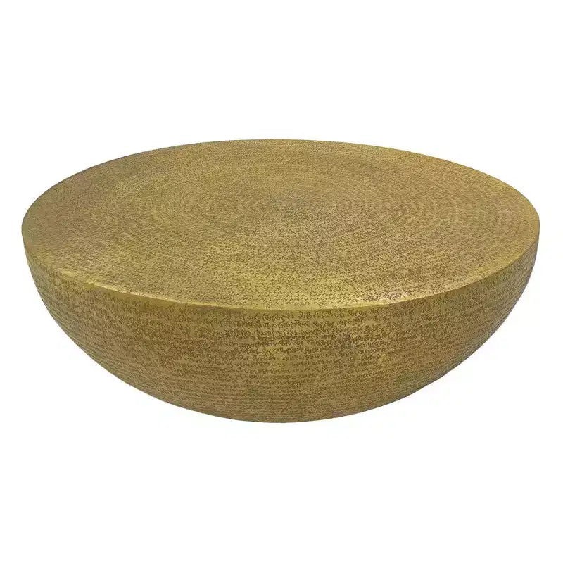 Table Basse Ronde de 91 cm, Base Bol avec Texture Gravée à la Main, Aluminium Laiton Antique