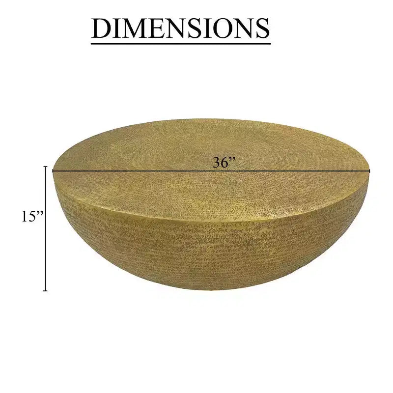 Table Basse Ronde de 91 cm, Base Bol avec Texture Gravée à la Main, Aluminium Laiton Antique