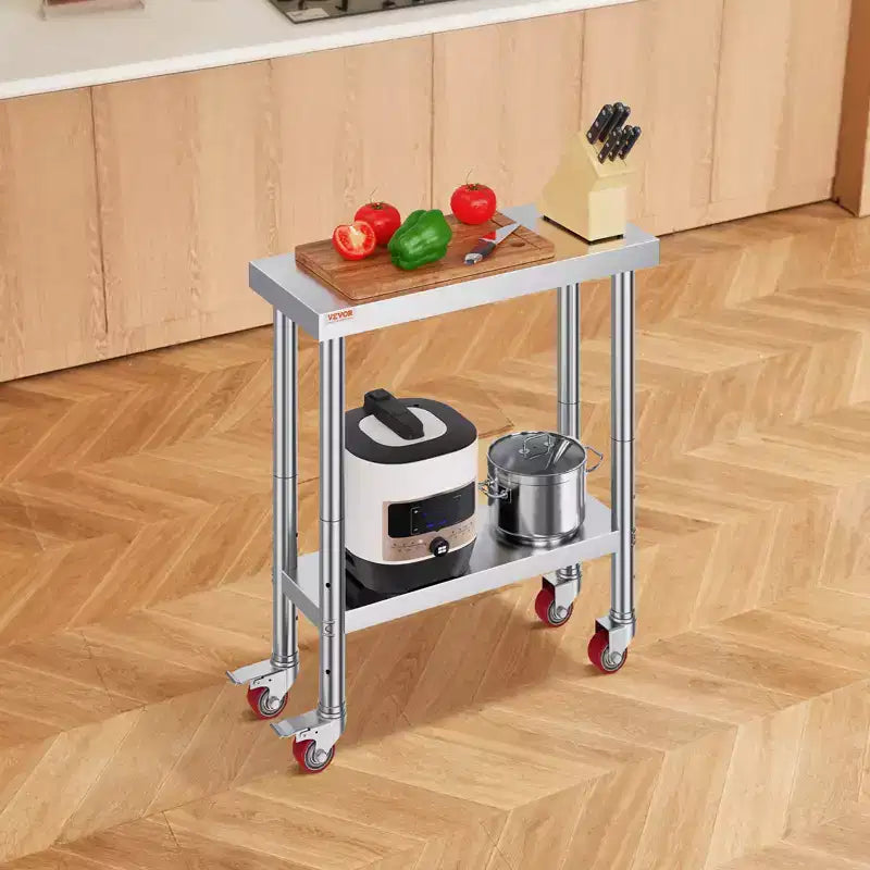 Table de travail en acier inoxydable 30 x 12 x 34 pouces, capacité de charge de 317 kg avec 4 roulettes, 3 niveaux de hauteur réglables, argent