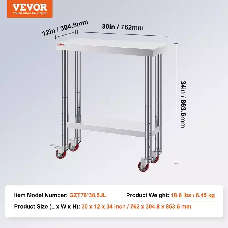 Table de travail en acier inoxydable 30 x 12 x 34 pouces, capacité de charge de 317 kg avec 4 roulettes, 3 niveaux de hauteur réglables, argent