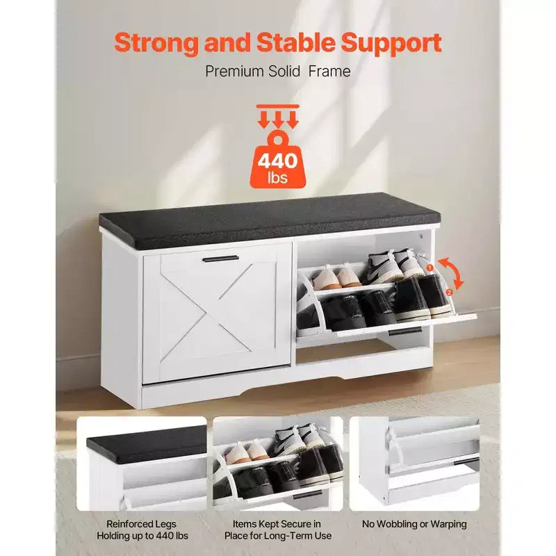 Banc de Rangement à Chaussures d'Entrée, Organisateur de Chaussures de 100 x 30,5 x 47,5 cm avec Tiroirs Basculants, Banc Étroit Porte-Chaussures de 200 kg, Noir + Blanc