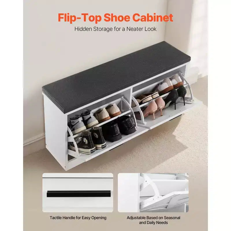 Banc de Rangement à Chaussures d'Entrée, Organisateur de Chaussures de 100 x 30,5 x 47,5 cm avec Tiroirs Basculants, Banc Étroit Porte-Chaussures de 200 kg, Noir + Blanc