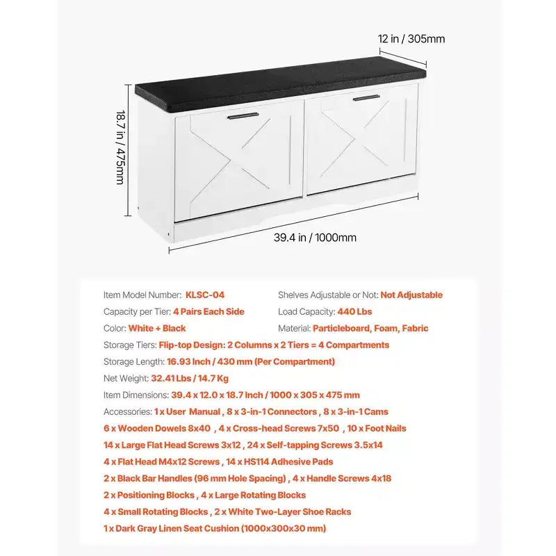 Banc de Rangement à Chaussures d'Entrée, Organisateur de Chaussures de 100 x 30,5 x 47,5 cm avec Tiroirs Basculants, Banc Étroit Porte-Chaussures de 200 kg, Noir + Blanc
