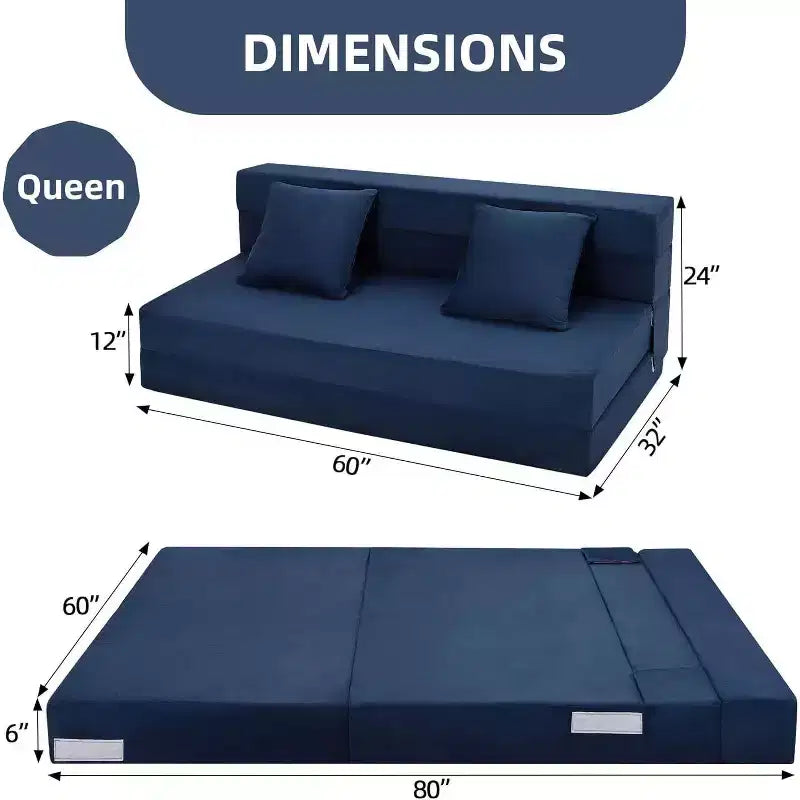 Matelas de canapé pliant, canapé-lit convertible queen en mousse à mémoire de forme avec oreiller, futon en lin pour salon ou chambre d'amis