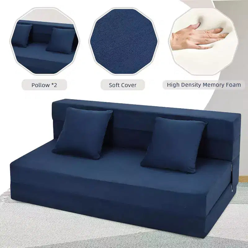 Matelas de canapé pliant, canapé-lit convertible queen en mousse à mémoire de forme avec oreiller, futon en lin pour salon ou chambre d'amis