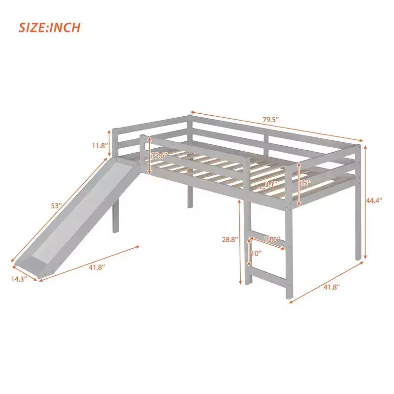 Lit mezzanine bas en bois massif format simple avec toboggan, échelle et barrières de sécurité, cadre de lit minimaliste pour enfants