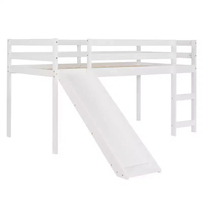 Lit mezzanine bas en bois massif format simple avec toboggan, échelle et barrières de sécurité, cadre de lit minimaliste pour enfants