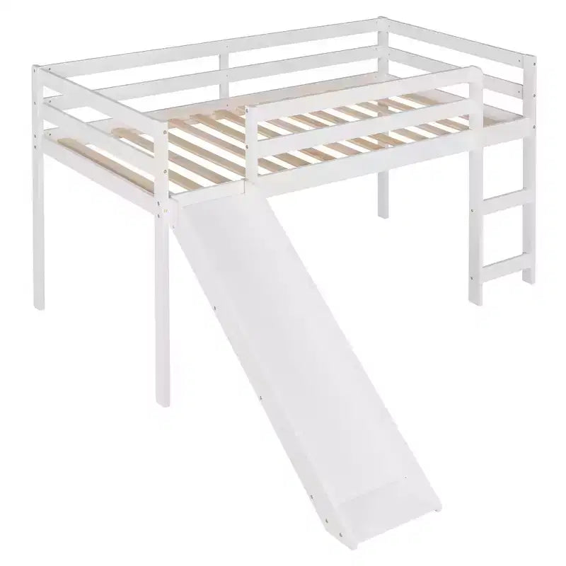 Lit mezzanine bas en bois massif format simple avec toboggan, échelle et barrières de sécurité, cadre de lit minimaliste pour enfants