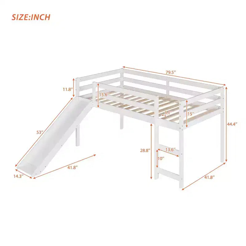 Lit mezzanine bas en bois massif format simple avec toboggan, échelle et barrières de sécurité, cadre de lit minimaliste pour enfants