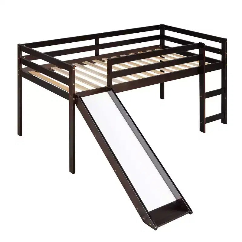 Lit mezzanine bas en bois massif format simple avec toboggan, échelle et barrières de sécurité, cadre de lit minimaliste pour enfants