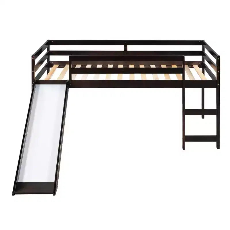 Lit mezzanine bas en bois massif format simple avec toboggan, échelle et barrières de sécurité, cadre de lit minimaliste pour enfants