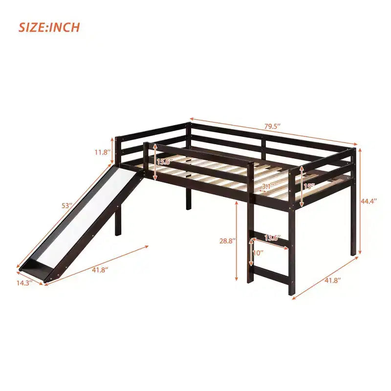 Lit mezzanine bas en bois massif format simple avec toboggan, échelle et barrières de sécurité, cadre de lit minimaliste pour enfants