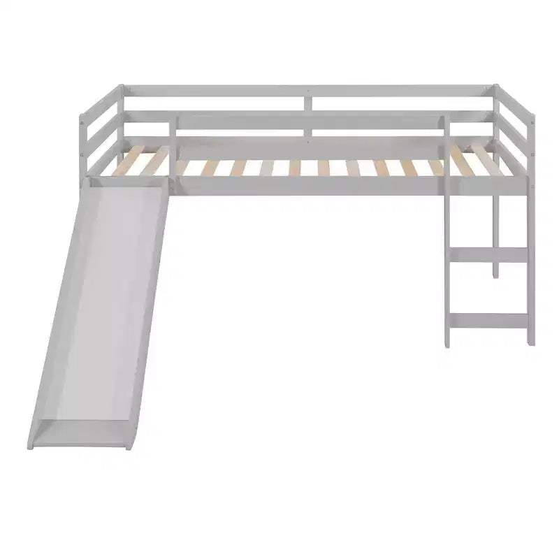 Lit mezzanine bas en bois massif format simple avec toboggan, échelle et barrières de sécurité, cadre de lit minimaliste pour enfants