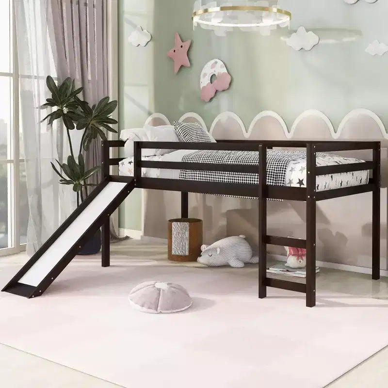 Okak Twin Size Solid Wood Low Loft Bed with Slide & Ladder & Guardrails,Minimalist Bed Frame for Kids Room,Bedroom