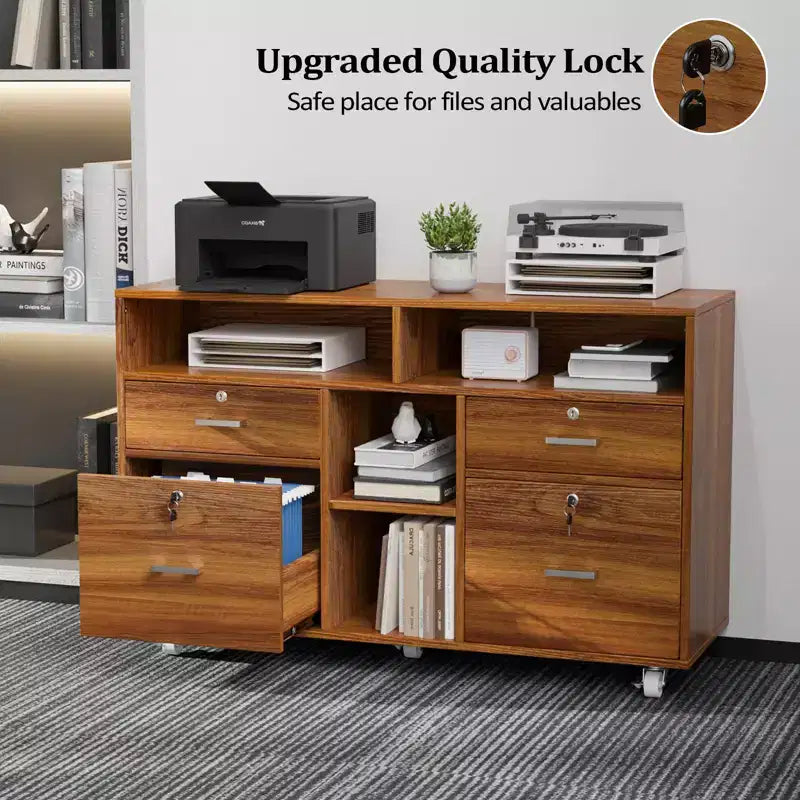 Classeur latéral 4 tiroirs en MDF marron, 104 cm de large, finition noyer