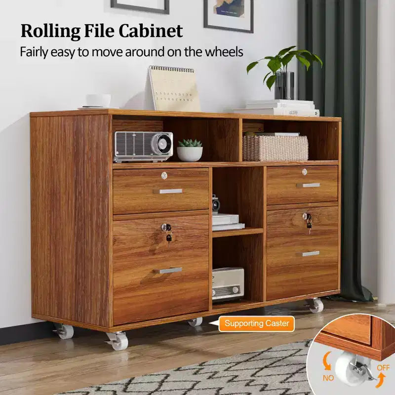 Classeur latéral 4 tiroirs en MDF marron, 104 cm de large, finition noyer