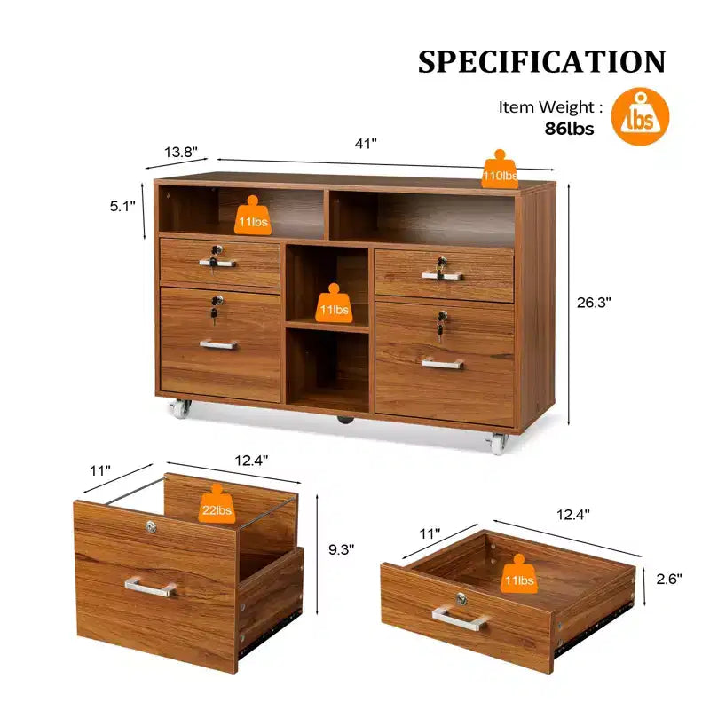 Classeur latéral 4 tiroirs en MDF marron, 104 cm de large, finition noyer