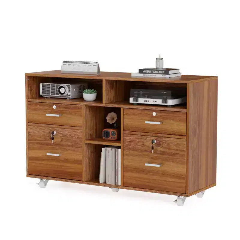 Classeur latéral 4 tiroirs en MDF marron, 104 cm de large, finition noyer