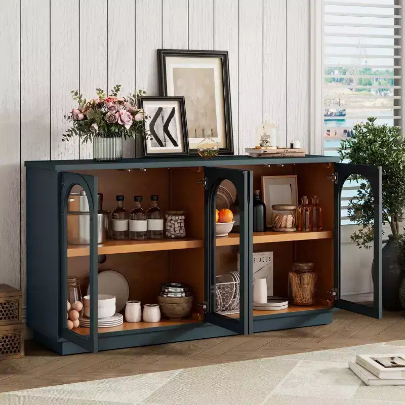 Bahut de style campagnard avec 4 portes vitrées cintrées et étagères réglables, buffet en bois