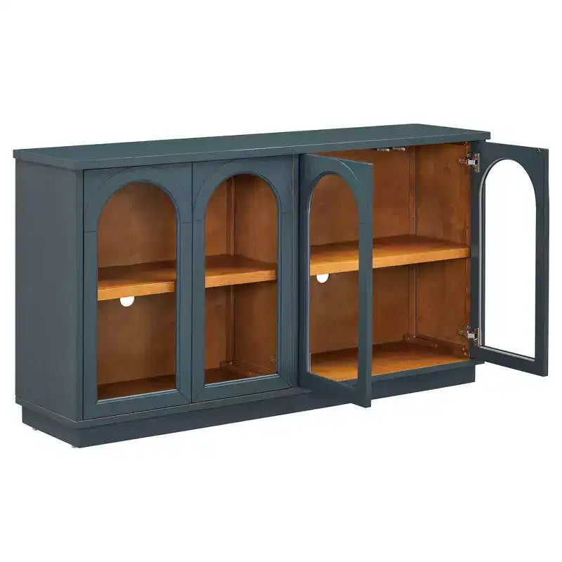 Bahut de style campagnard avec 4 portes vitrées cintrées et étagères réglables, buffet en bois