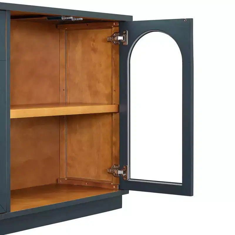 Bahut de style campagnard avec 4 portes vitrées cintrées et étagères réglables, buffet en bois