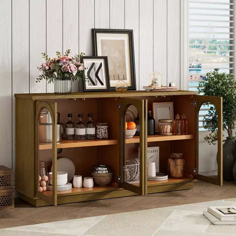 Bahut de style campagnard avec 4 portes vitrées cintrées et étagères réglables, buffet en bois