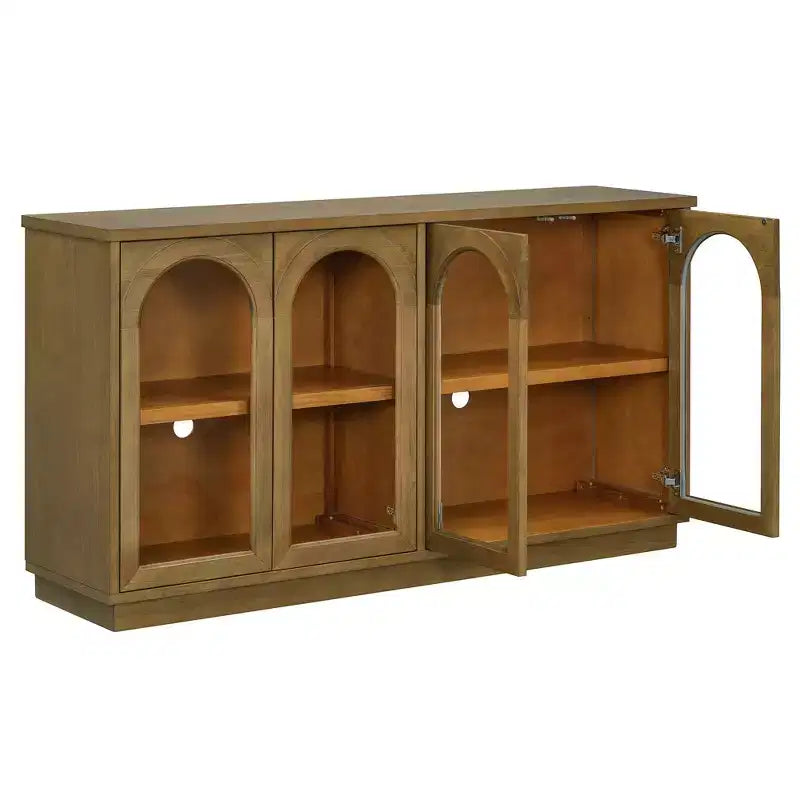 Bahut de style campagnard avec 4 portes vitrées cintrées et étagères réglables, buffet en bois