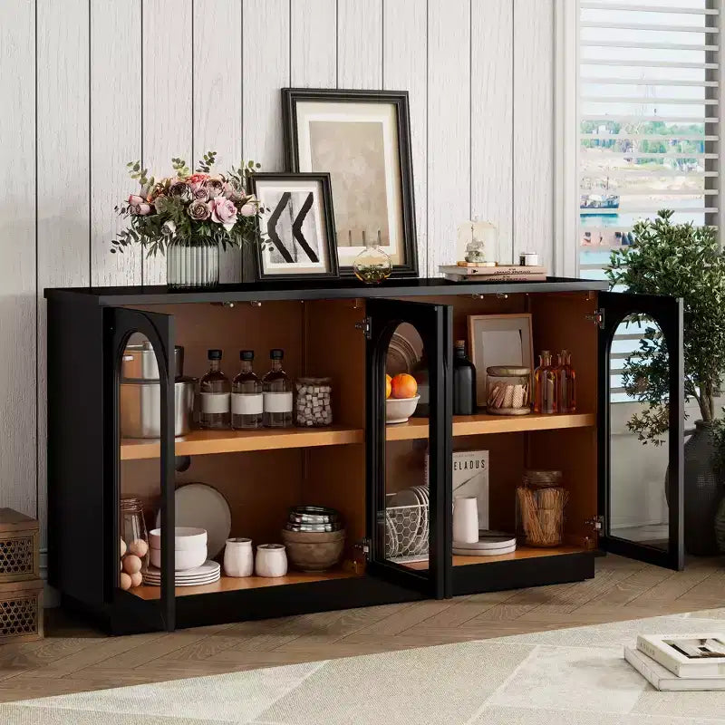 Bahut de style campagnard avec 4 portes vitrées cintrées et étagères réglables, buffet en bois