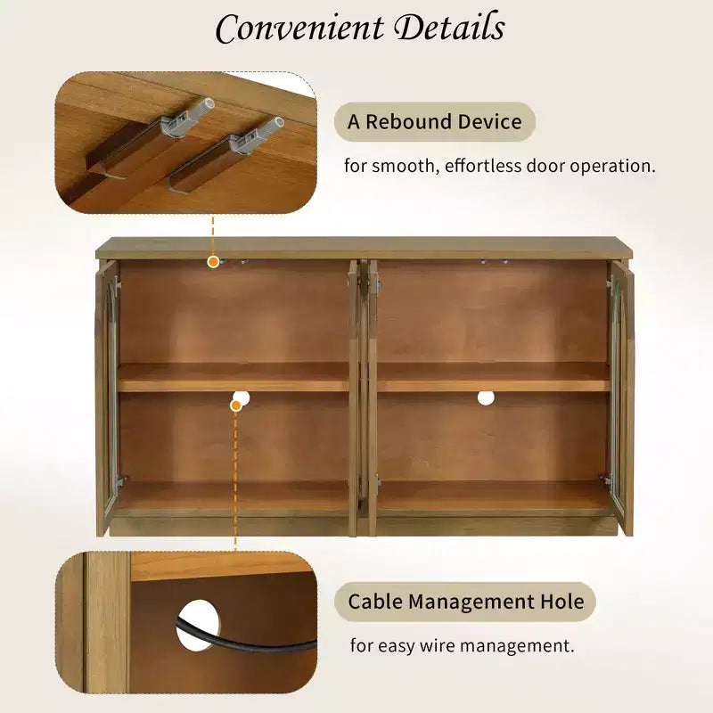 Bahut de style campagnard avec 4 portes vitrées cintrées et étagères réglables, buffet en bois