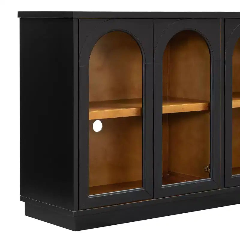 Bahut de style campagnard avec 4 portes vitrées cintrées et étagères réglables, buffet en bois