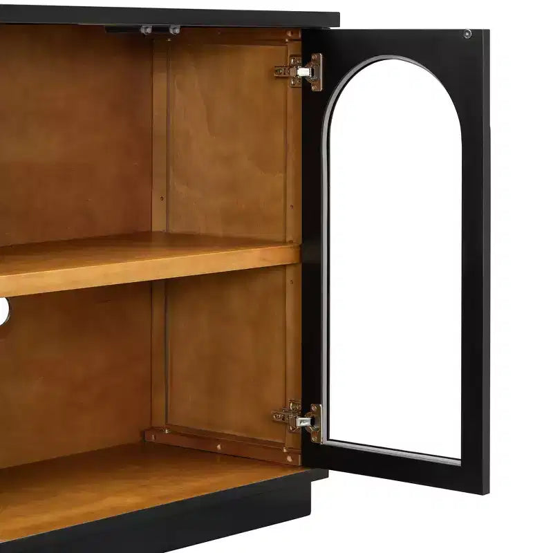 Bahut de style campagnard avec 4 portes vitrées cintrées et étagères réglables, buffet en bois