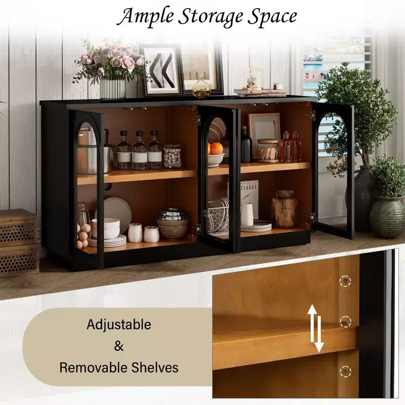 Bahut de style campagnard avec 4 portes vitrées cintrées et étagères réglables, buffet en bois