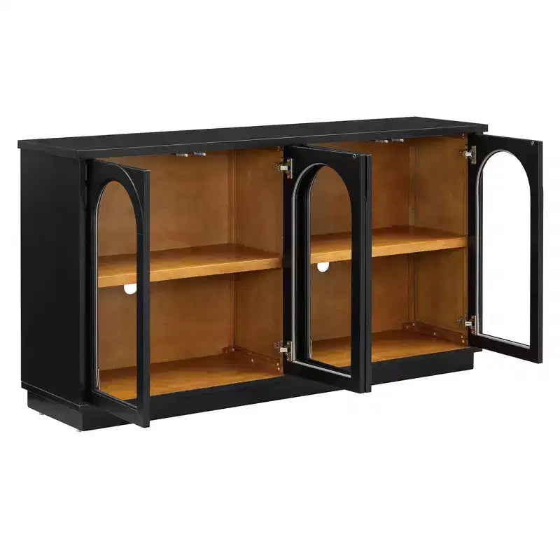 Bahut de style campagnard avec 4 portes vitrées cintrées et étagères réglables, buffet en bois