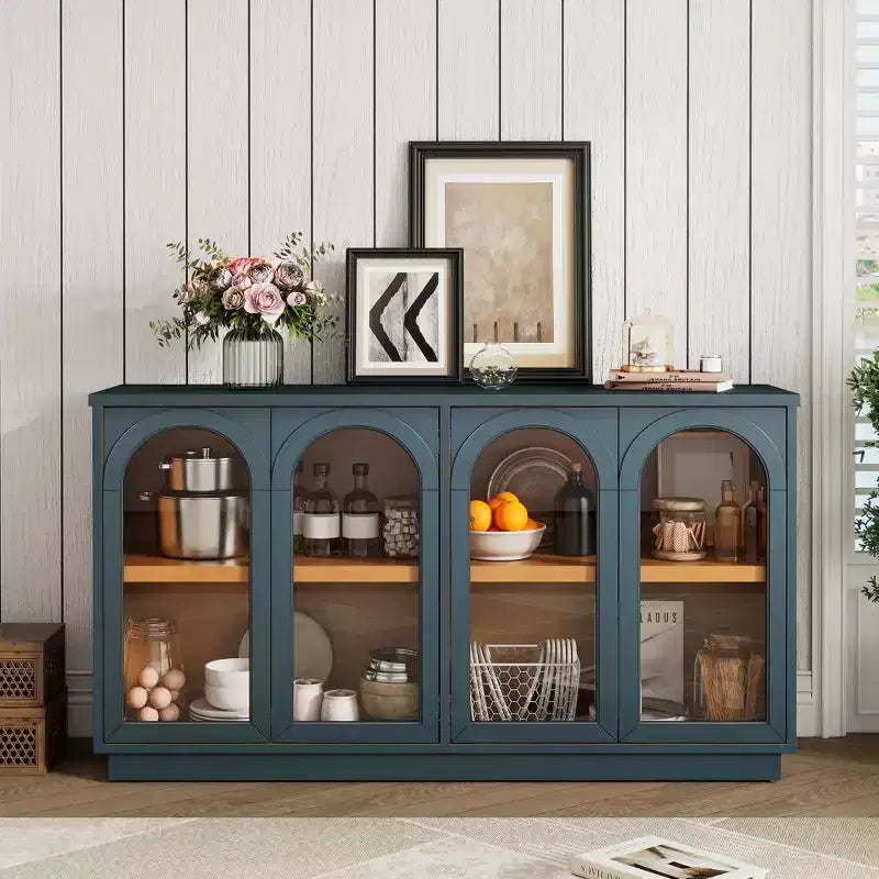 Bahut de style campagnard avec 4 portes vitrées cintrées et étagères réglables, buffet en bois