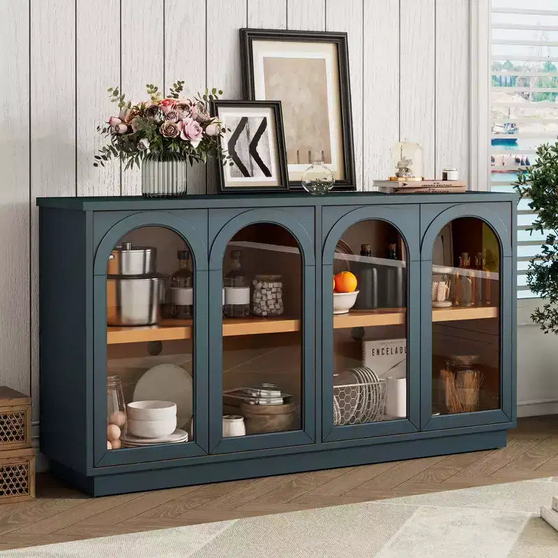 Bahut de style campagnard avec 4 portes vitrées cintrées et étagères réglables, buffet en bois