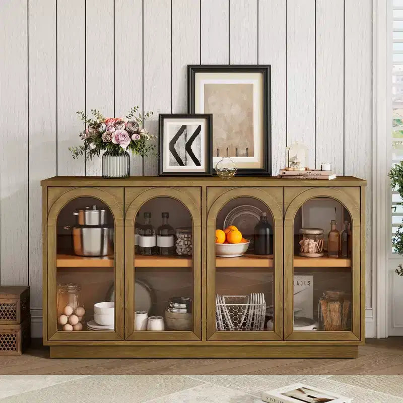 Bahut de style campagnard avec 4 portes vitrées cintrées et étagères réglables, buffet en bois